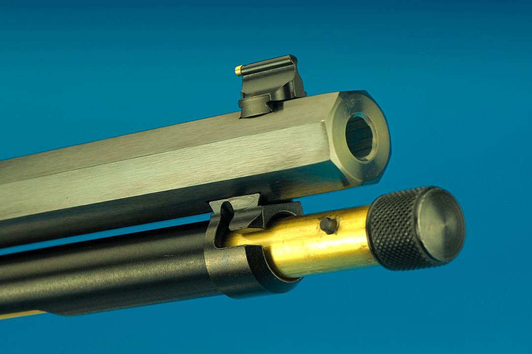 With one quick turn on the knurled knob, the brass magazine tube slides out for easy loading of the gun. Place the loaded ammunition into the loading gate on the magazine, push the tube in and lock it before firing.
